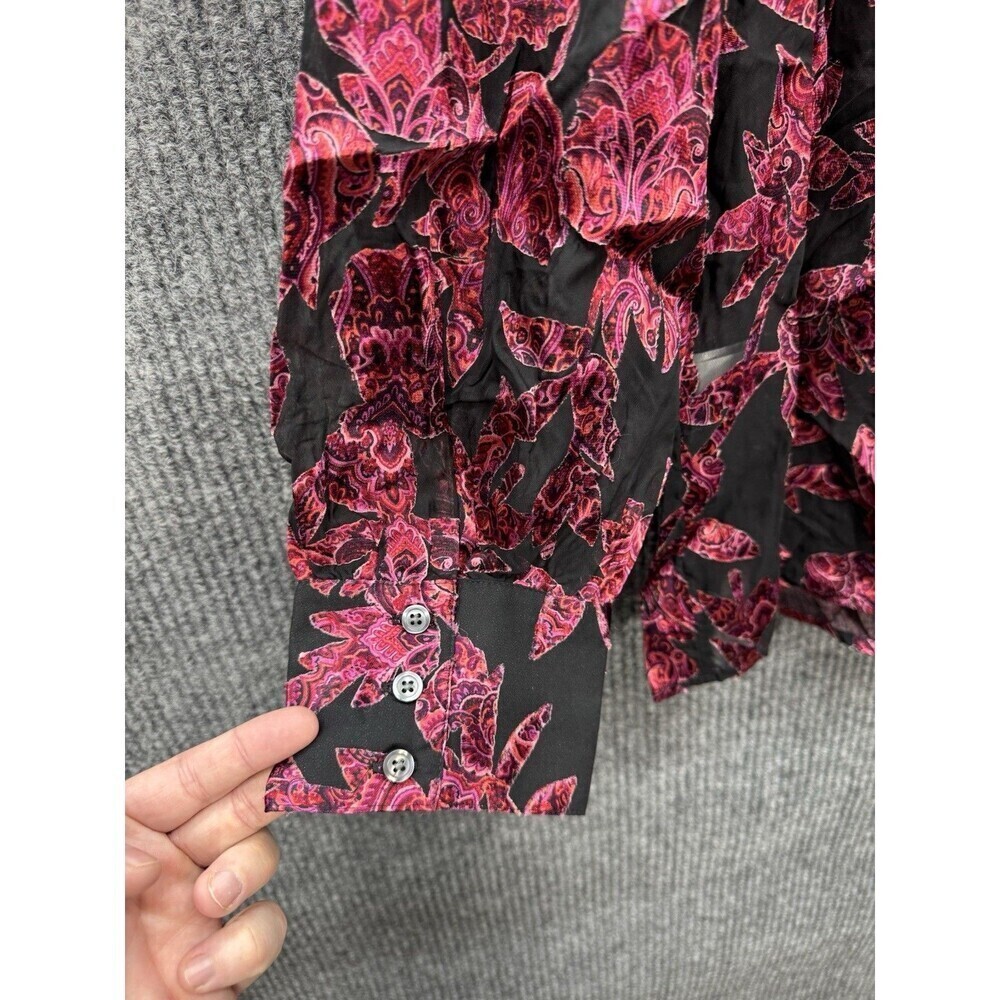 J. Jill Burnout Semi Sheer Top Womens Large Red Black Floral Button Long Sleeve - Picture 6 of 12